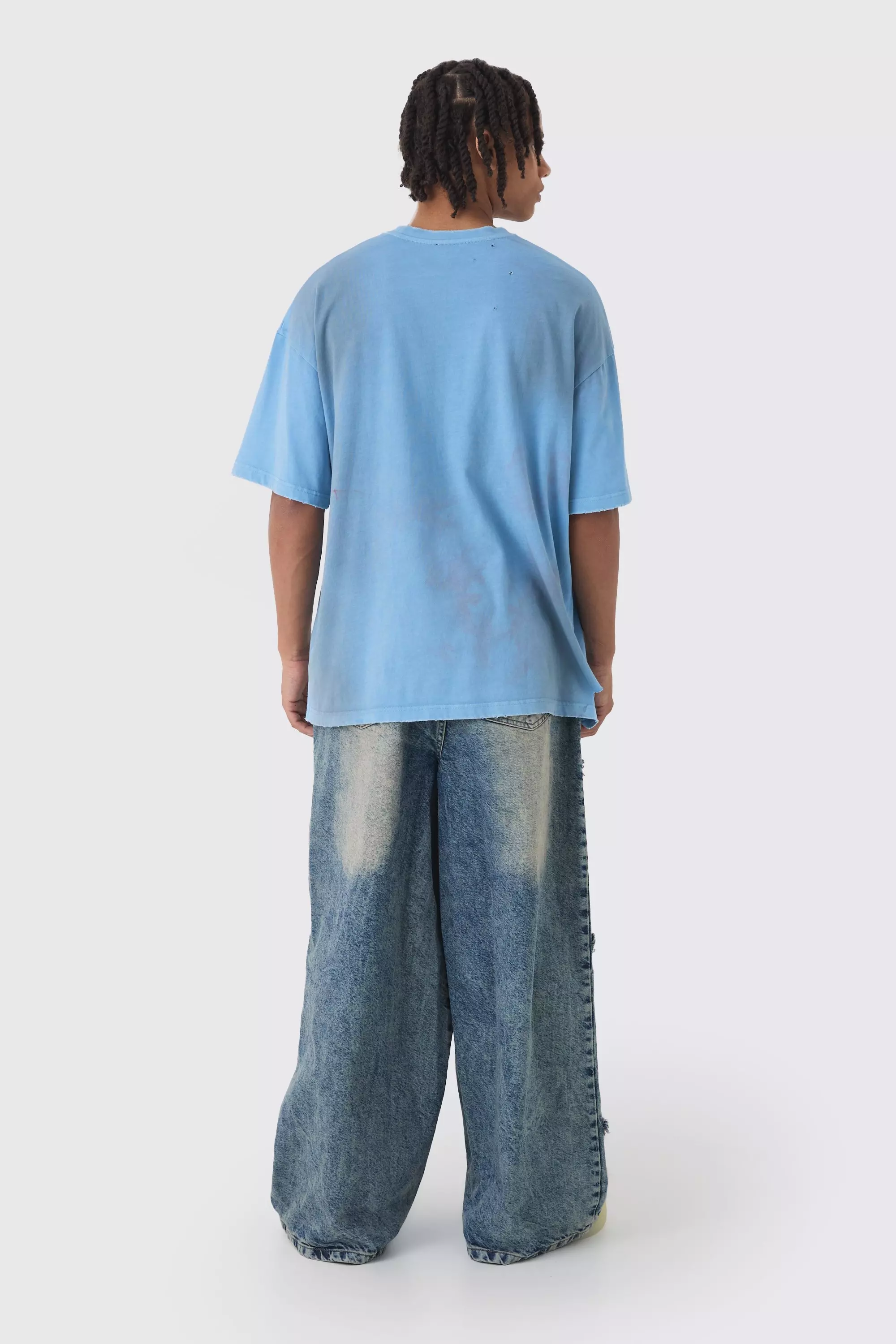 Vintage blue Wide Leg Rigid Star Distressed Applique Jeans صورة بديلة