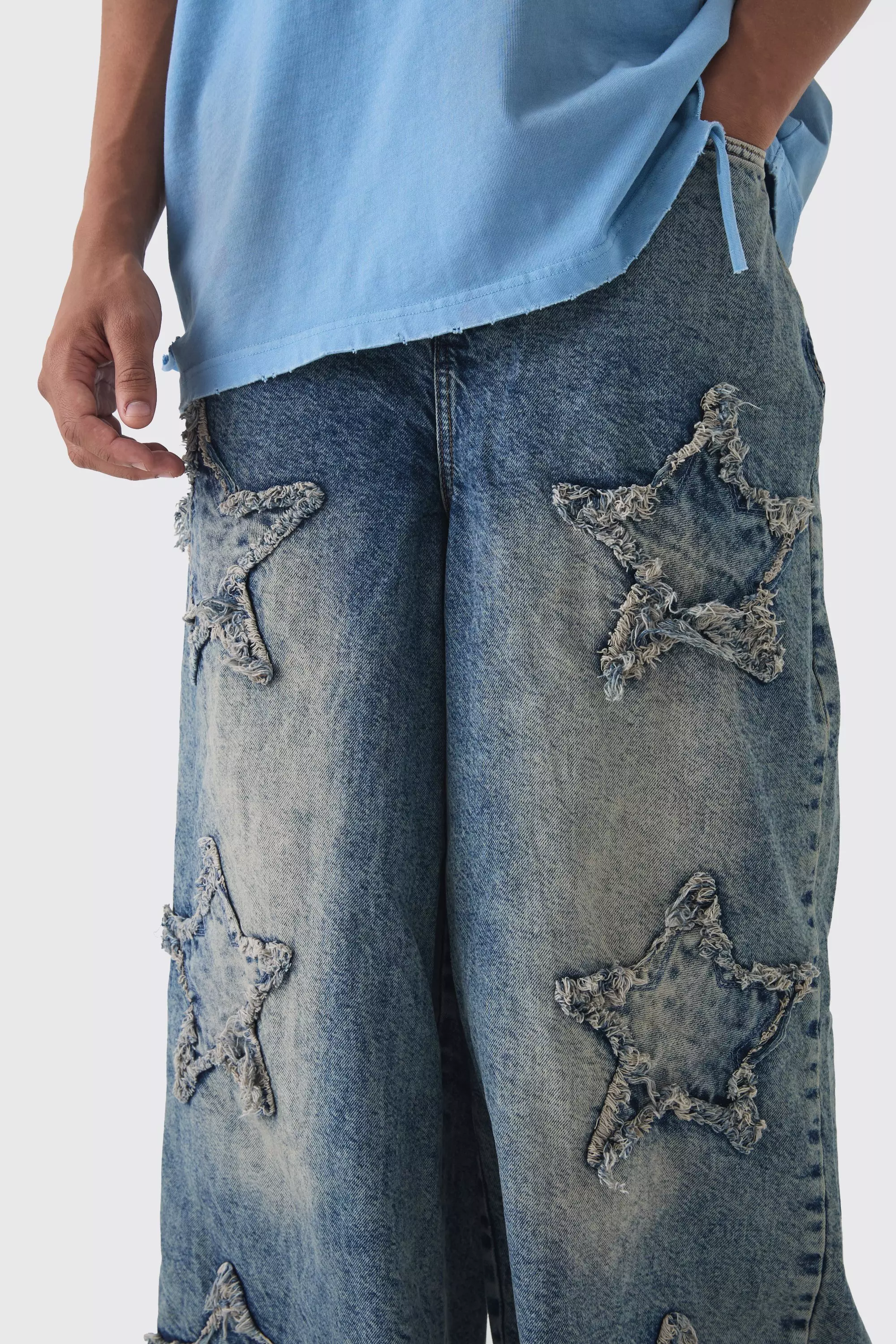 Vintage blue Wide Leg Rigid Star Distressed Applique Jeans صورة بديلة