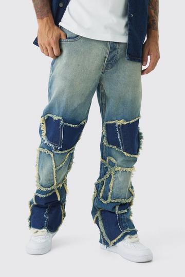 Blue Relaxed Rigid Flare Patchwork Distressed Jeans