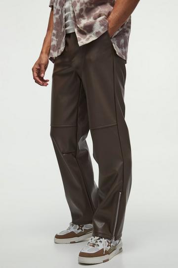 Brown Relaxed Fit Pu Zip Hem Trousers