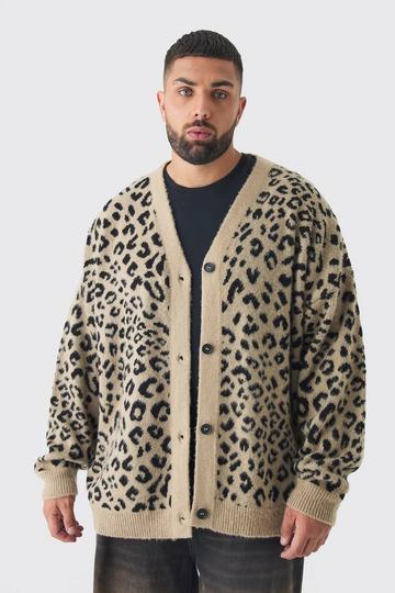 Plus Brushed Knit Leopard Print Oversized Cardigan taupe