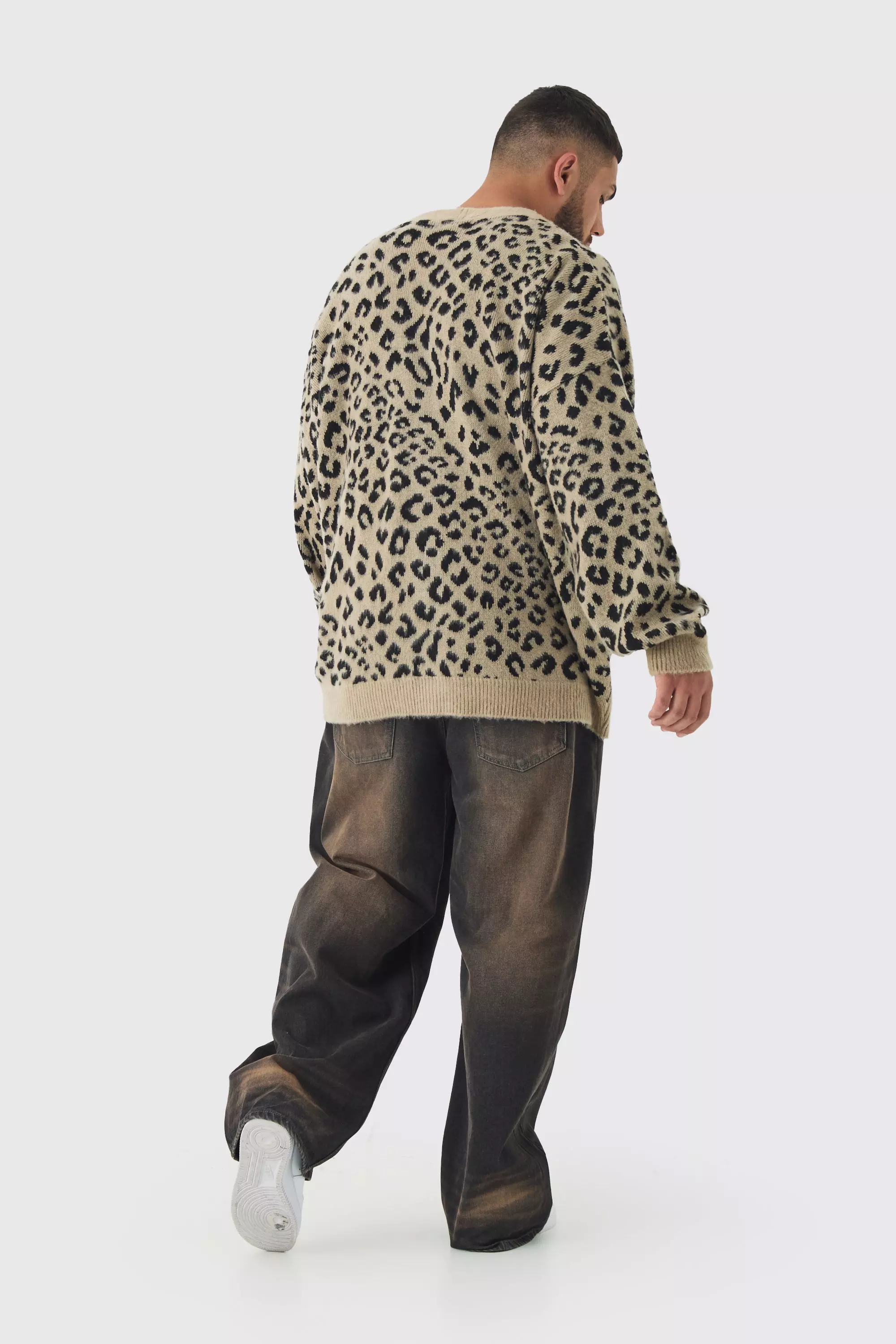 Taupe Plus Brushed Knit Leopard Print Oversized Cardigan alternative image