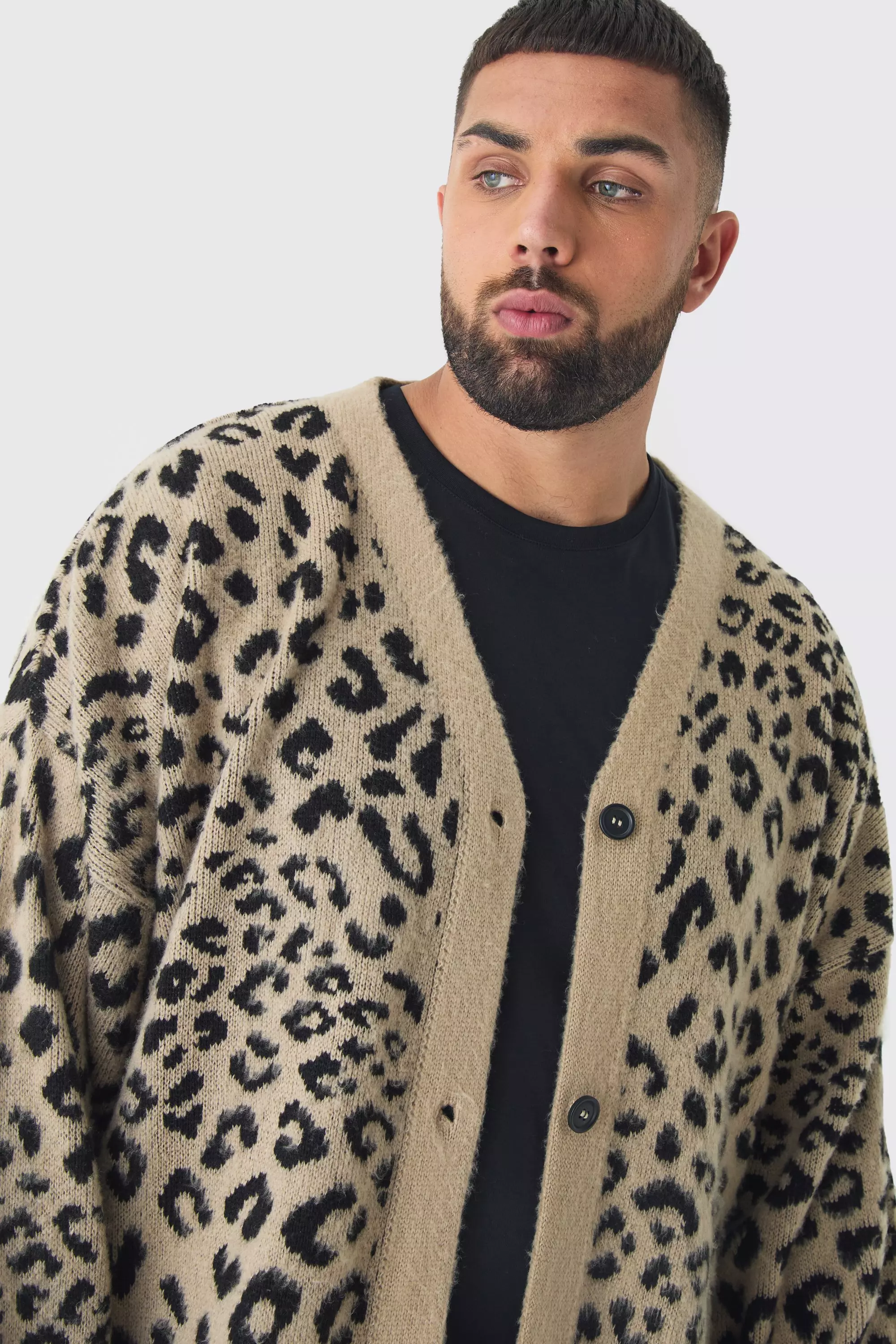 Taupe Plus Brushed Knit Leopard Print Oversized Cardigan alternative image