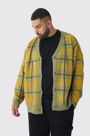 Plus Brushed Knit Check Drop Shoulder Cardigan olive