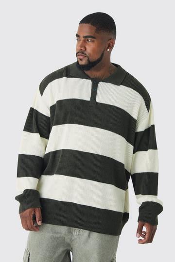 Plus Knitted Stripe Rugby Polo forest