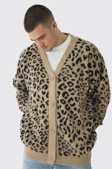 Tall Brushed Knit Leopard Print Oversized Cardigan taupe