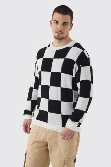 Black Tall Boucle Knit Checkered Crew Neck Jumper