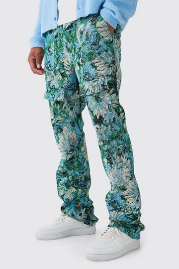 Fixed Waist Slim Flare Stacked Floral Tapestry Cargo Trouser blue