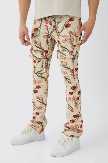 Fixed Waist Slim Flare Stacked Floral Tapestry Cargo Trouser ecru