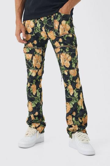 Fixed Waist Slim Flare Stacked Floral Tapestry Cargo Trouser black