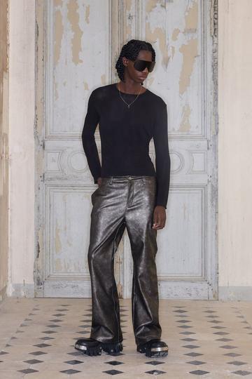 Premium Straight Flare Washed Faux Leather Trousers In Black black