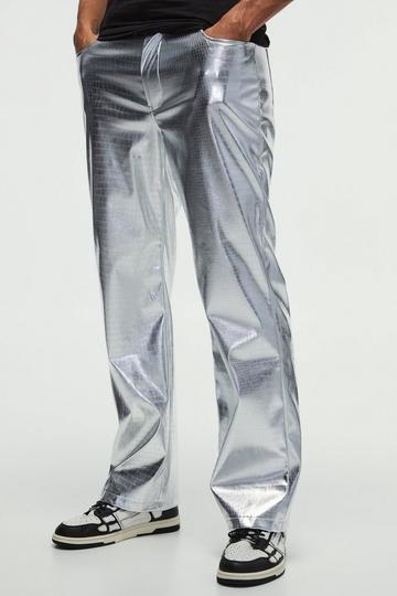 Straight Faux Snake Skin Pu Trousers silver