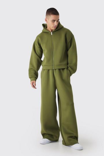 Oversized Extended Waist Relaxed Fit Scuba Hooded Tracksuit khaki