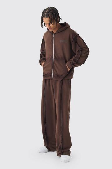 Oversized Boxy Zip Through Loopback Hoodie And Wide Jogger Tracksuit brown