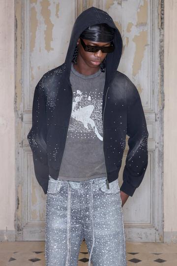 Premium Washed Rhinestone Heavyweight Hoodie In Black black