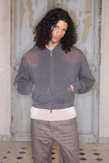 Premium Washed Rhinestone Heavyweight Hoodie In Grey grey