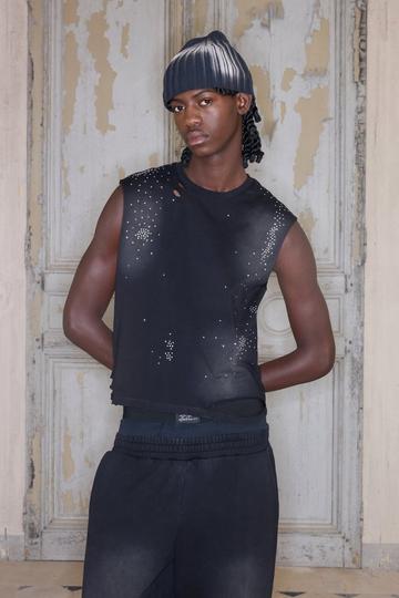 Black Premium Washed Rhinestone Heavyweight Tank In Black