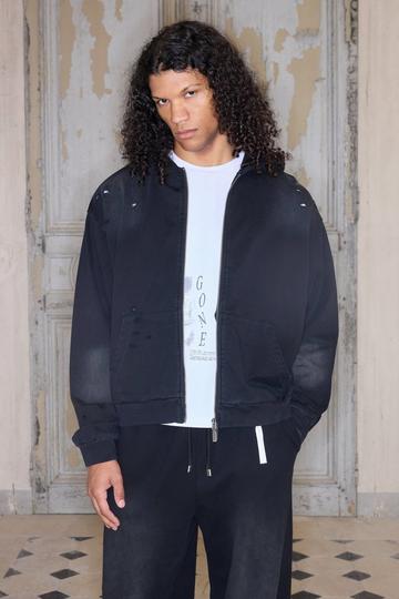 Black Premium Oversized Boxy Washed Zip Through Hoodie In Black