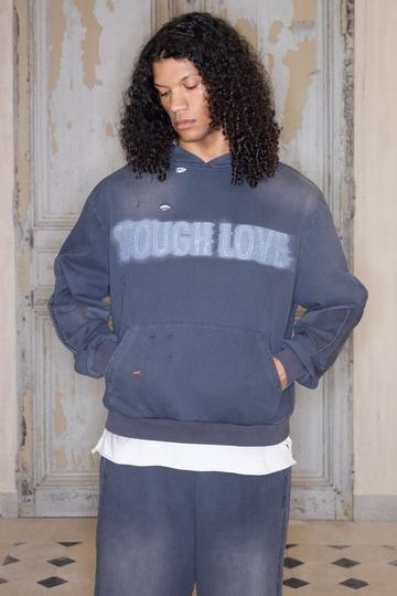 Grey Premium Oversized Boxy Rhinestone Washed Hoodie In Grey