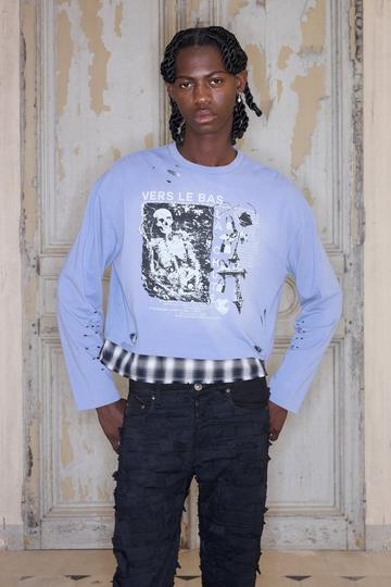 Blue Premium Graphic Washed Sweater With Faux Layer In Blue