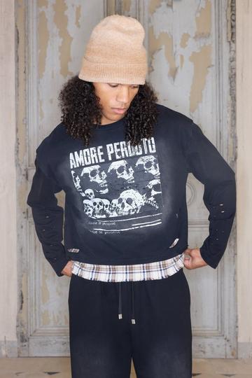 Black Premium Graphic Washed Sweatshirt With Faux Layer In Black