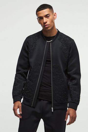 Regular Fit Floral Embroidered Scuba Bomber Jacket black