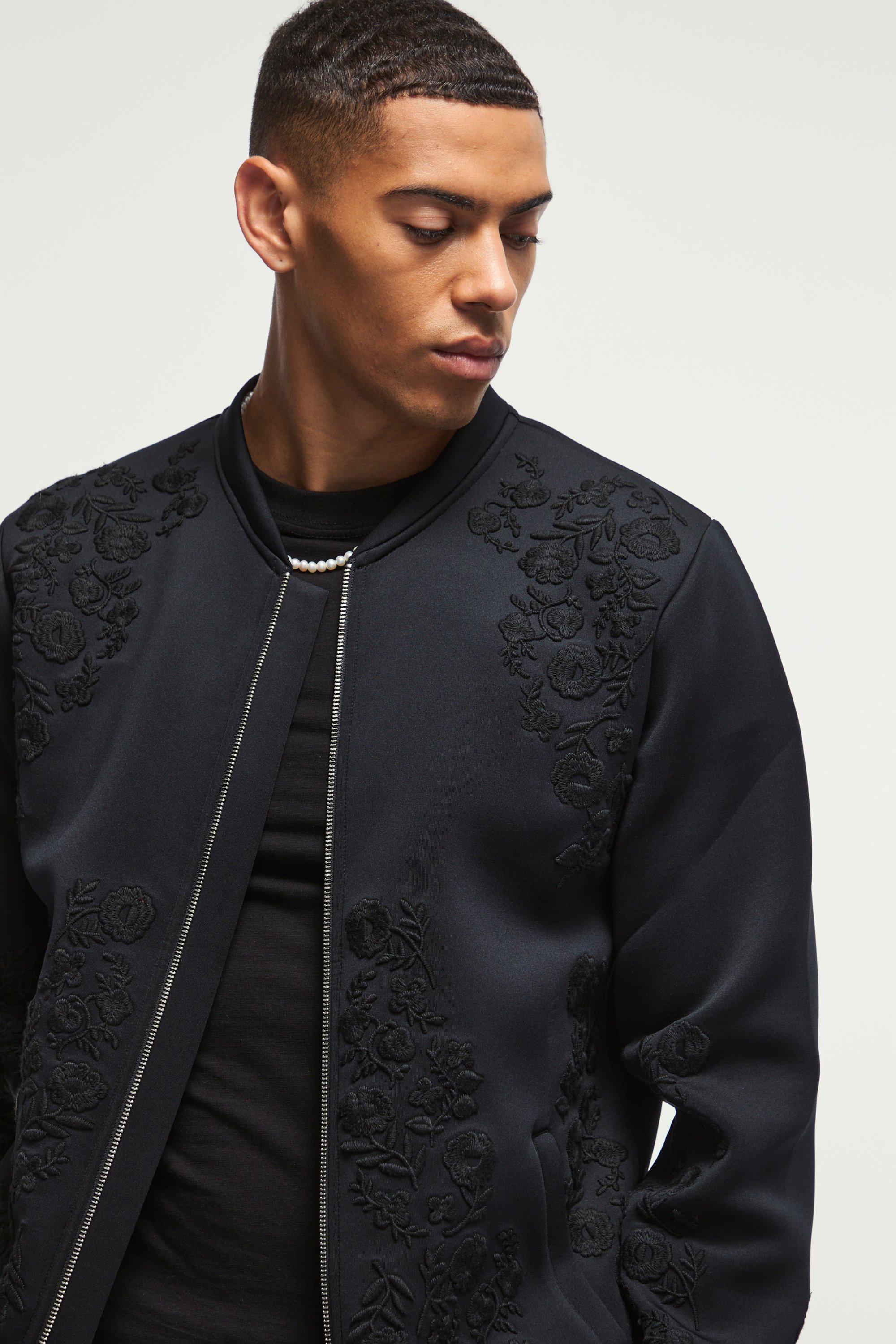 Regular Fit Floral Embroidered Scuba Bomber Jacket | boohoo