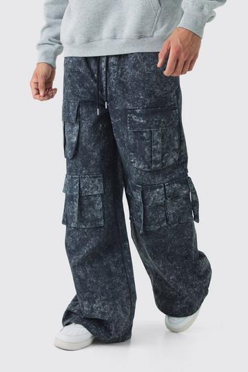 Elasticated Waist Extreme Baggy Heavyweight Washed Multi Cargo Pants charcoal