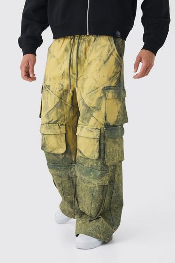 Khaki Elasticated Waist Extreme Baggy Heavyweight Washed Multi Cargo Trousers