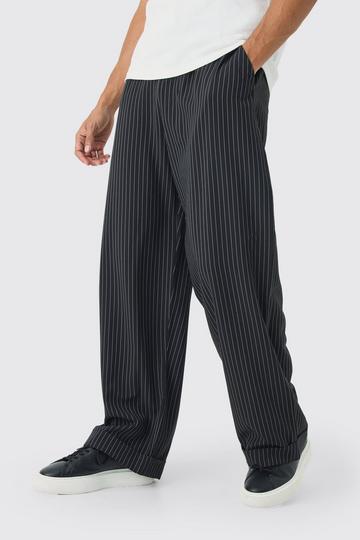 Elasticated Waist Relaxed Pinstripe Turn Up Hem Trousers black