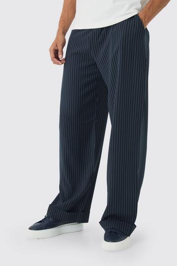 Elasticated Waist Relaxed Pinstripe Turn Up Hem Trousers navy