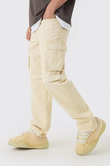 Stone Beige Relaxed Acid Wash Zip Off Twill Cargo Trousers