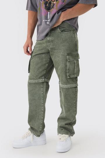 Khaki Relaxed Acid Wash Zip Off Twill Cargo Trousers