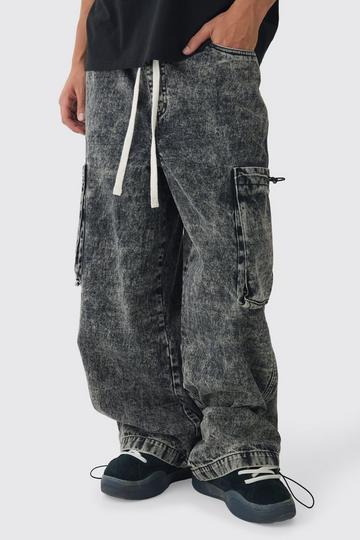 Black Elasticated Waist Parachute Acid Wash Cargo Jeans