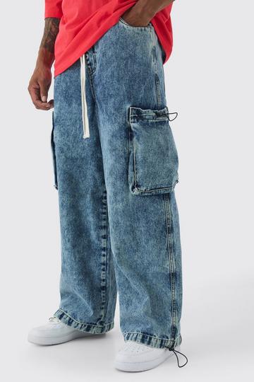 Elasticated Waist Parachute Acid Wash Cargo Jeans indigo