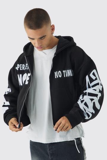 Shrunken Fit Graffiti Applique Zip Through Hoodie black