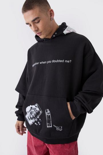 Oversized Metal Trim Slogan Faux Layer Hoodie black