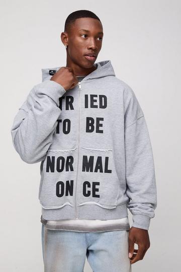 Oversized Boxy Distressed Slogan Zip Through Loopback Hoodie grey marl