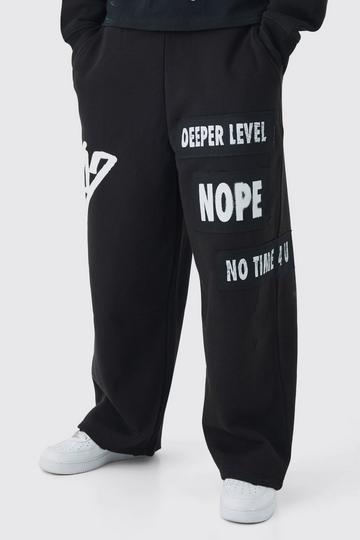 Relaxed Wide Leg Graffiti Applique Distressed Joggers black