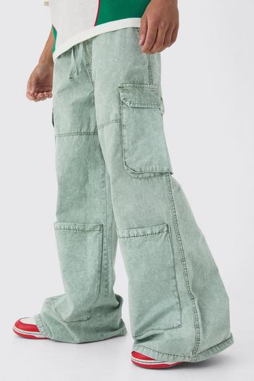 Green Elasticated Waist Super Baggy Oil Wash Cargo Trousers