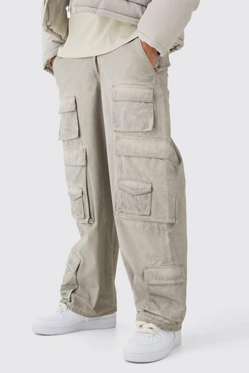 Stone Beige Fixed Waist Baggy Oil Wash Cargo Trousers