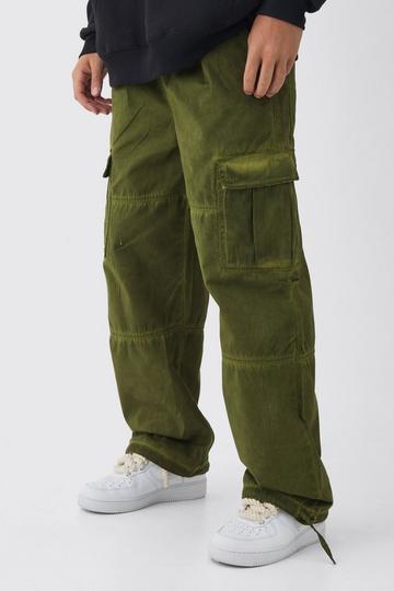 Khaki Elasticated Waist Baggy Oil Wash Printed Cargo Trousers