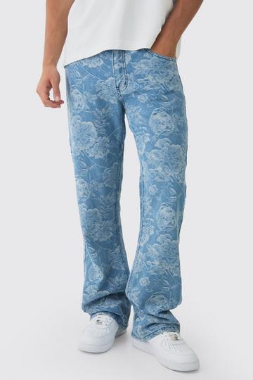 Relaxed Rigid Flare Floral Jacquard Jeans light blue