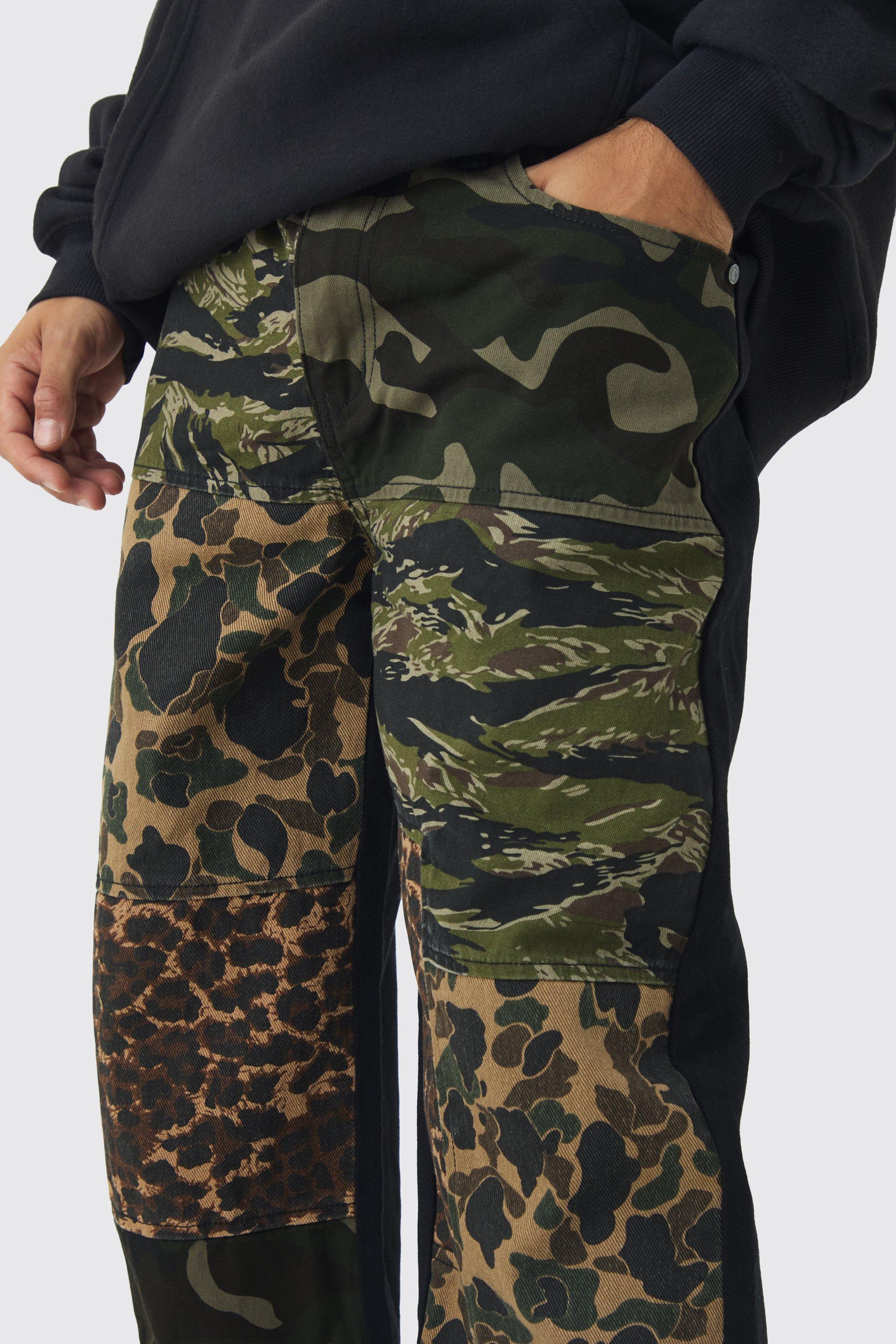 Baggy Camo Leopard Patchwork Twill Trousers boohoo FI
