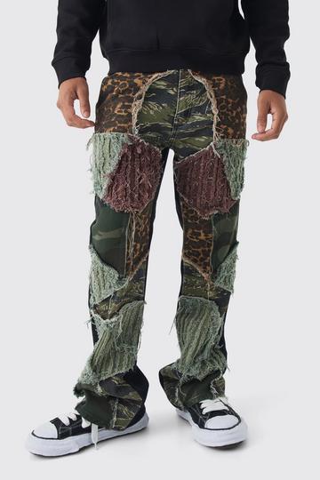 Relaxed Flare Distressed Camo Patchwork Twill Trousers multi