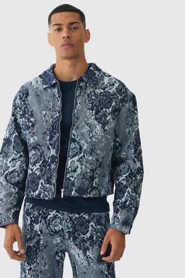 Boxy Jacquard Bloemen Spijkerjas mid blue