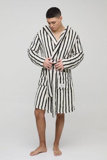 Heavyweight Stripe Fleece Robe With Woven Tab beige