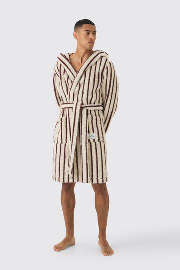 Heavyweight Stripe Fleece Robe With Woven Tab brown