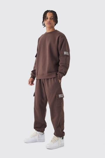 Oversized Man Tab Cargo Pocket Sweatshirt Tracksuit chocolate