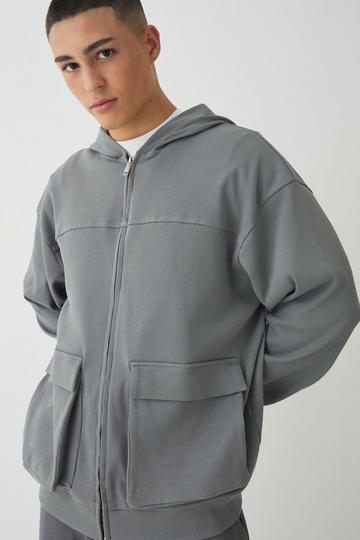 Charcoal Grey Oversized Heavy Ribbed Pocket Zip Through Hoodie